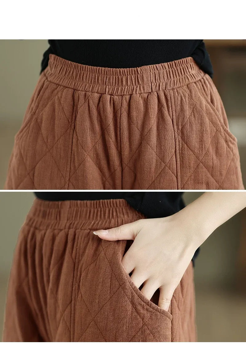 Quilted Diamond Balloon-Leg Pants Elastic Waist Cuffed Ankle