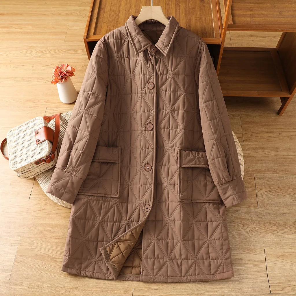Quilted Diamond Padded Coat with Shirt Collar and Patch Pockets