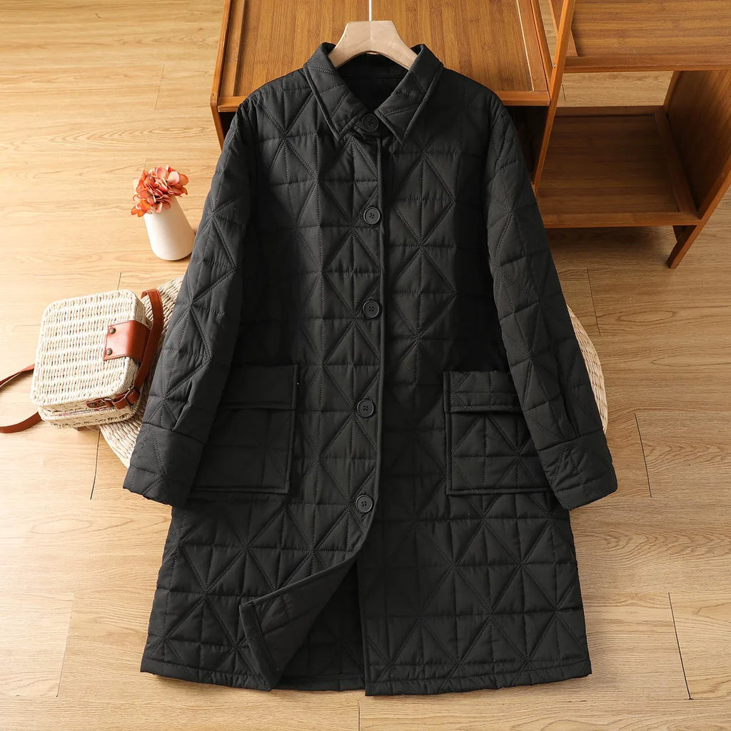 Quilted Diamond Padded Coat with Shirt Collar and Patch Pockets