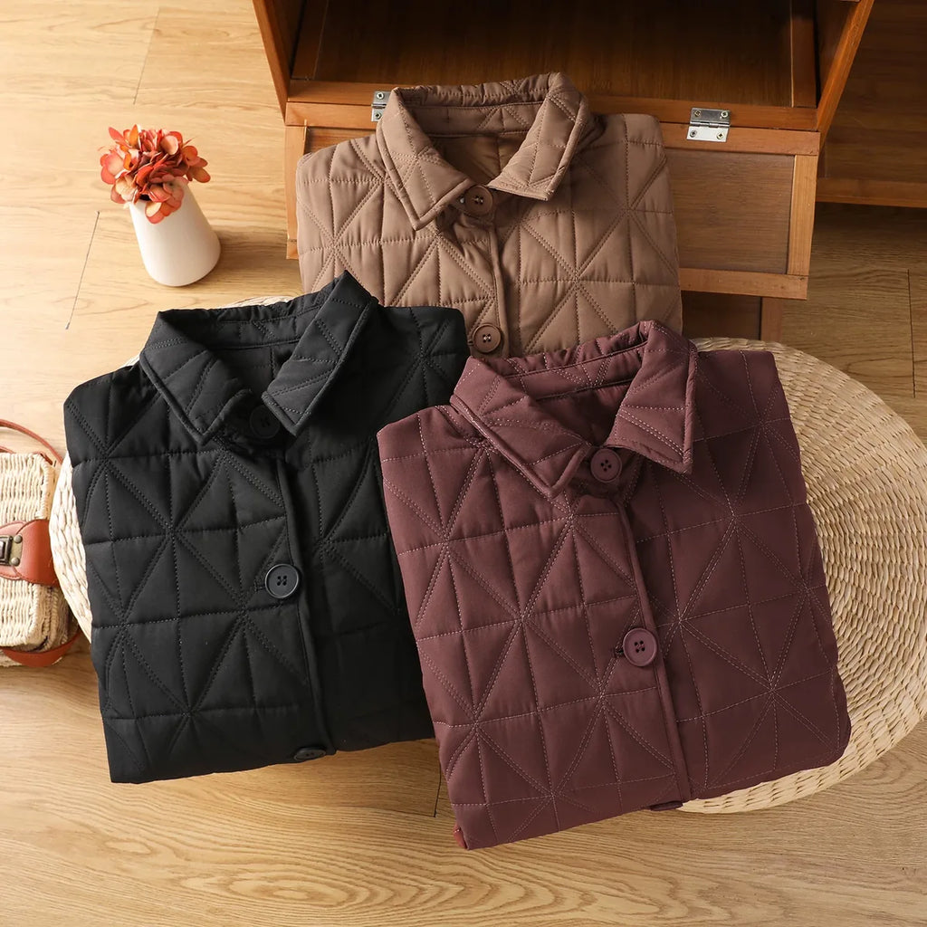 Quilted Diamond Padded Coat with Shirt Collar and Patch Pockets