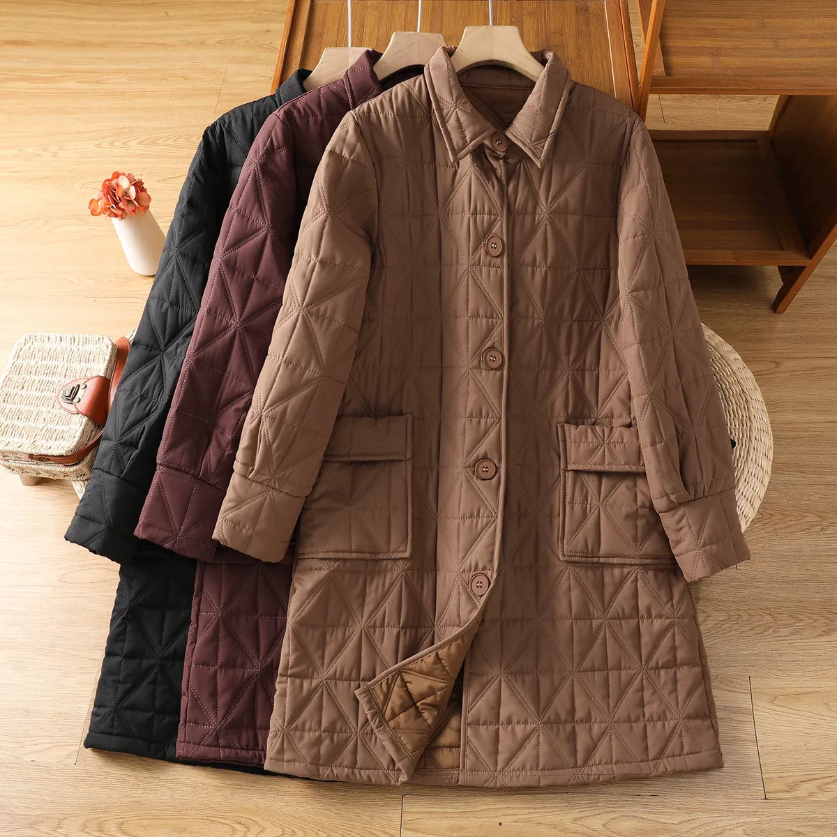 Quilted Diamond Padded Coat with Shirt Collar and Patch Pockets