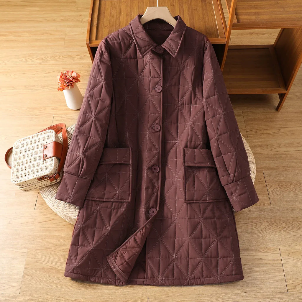 Quilted Diamond Padded Coat with Shirt Collar and Patch Pockets