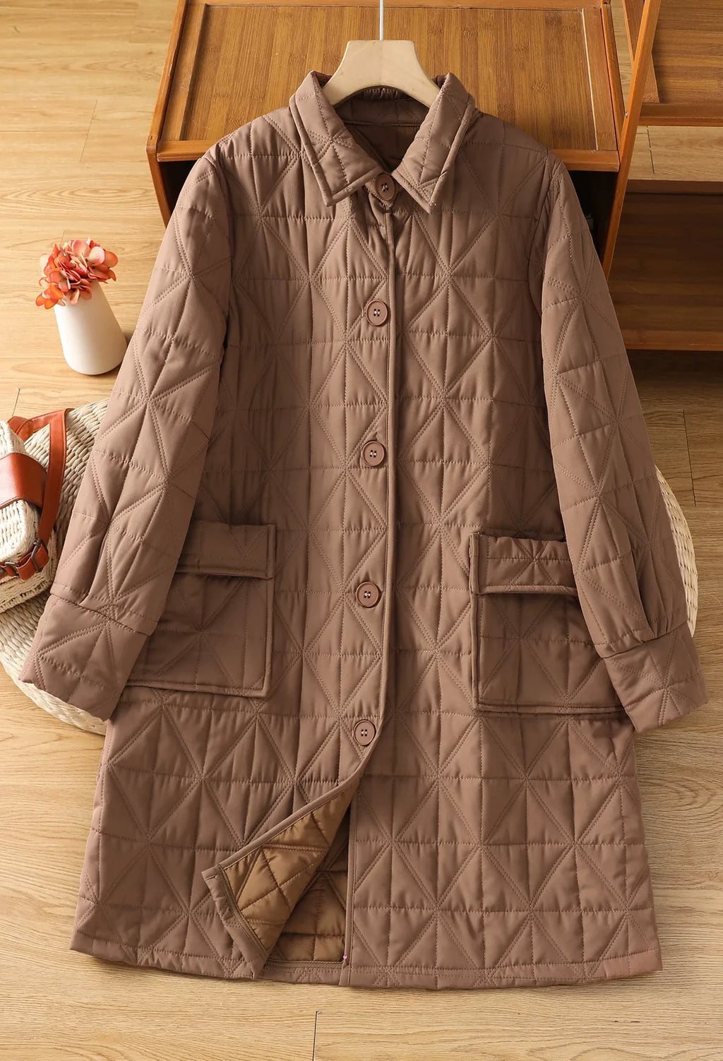 Quilted Diamond Padded Coat with Shirt Collar and Patch Pockets