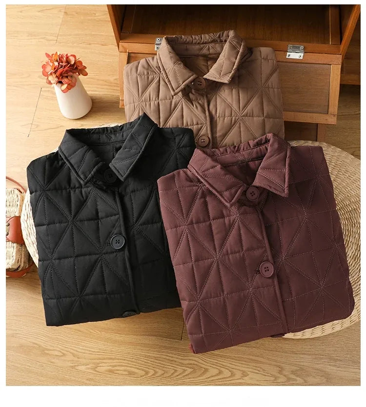 Quilted Diamond Padded Coat with Shirt Collar and Patch Pockets