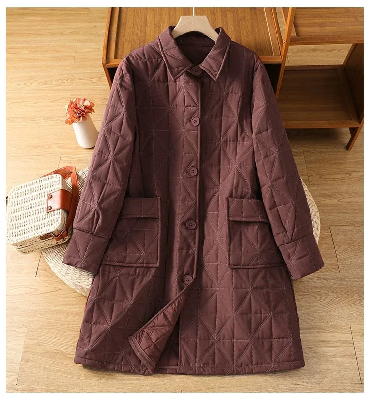 Quilted Diamond Padded Coat with Shirt Collar and Patch Pockets