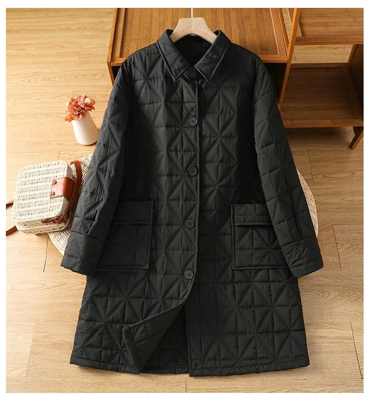 Quilted Diamond Padded Coat with Shirt Collar and Patch Pockets