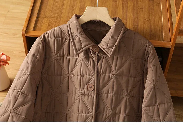 Quilted Diamond Padded Coat with Shirt Collar and Patch Pockets