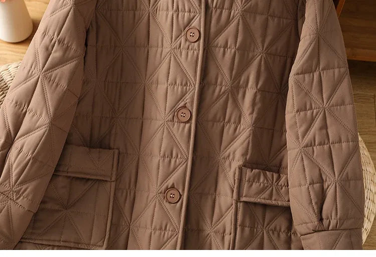 Quilted Diamond Padded Coat with Shirt Collar and Patch Pockets