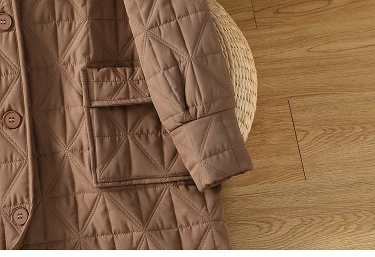 Quilted Diamond Padded Coat with Shirt Collar and Patch Pockets