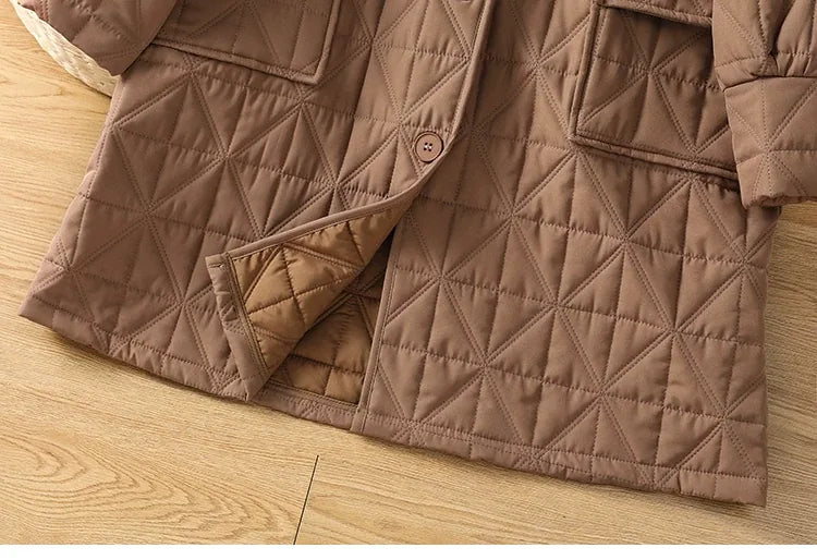 Quilted Diamond Padded Coat with Shirt Collar and Patch Pockets