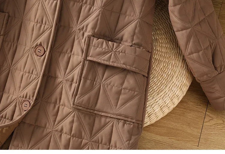Quilted Diamond Padded Coat with Shirt Collar and Patch Pockets