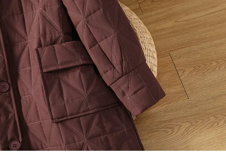 Quilted Diamond Padded Coat with Shirt Collar and Patch Pockets