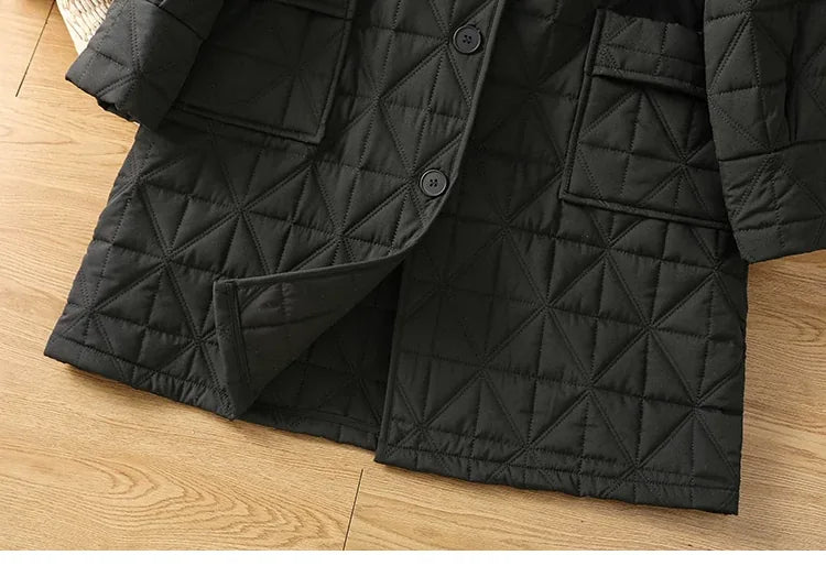 Quilted Diamond Padded Coat with Shirt Collar and Patch Pockets