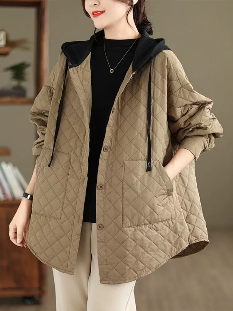 Quilted Diamond Pattern Hooded Padded Jacket with Patch Pockets