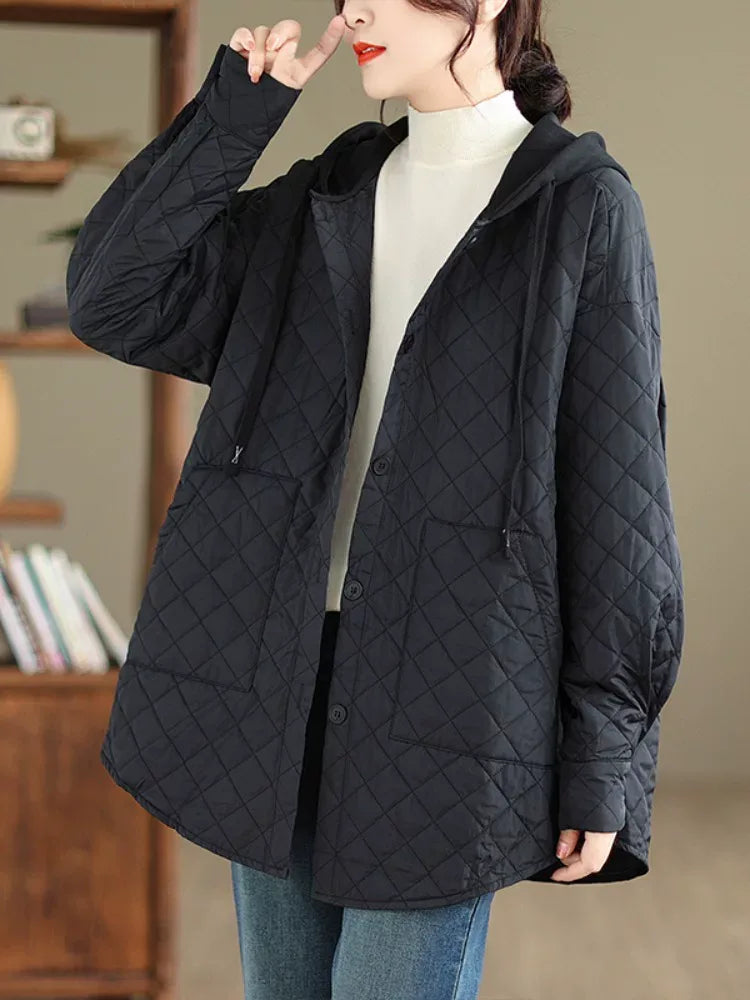 Quilted Diamond Pattern Hooded Padded Jacket with Patch Pockets