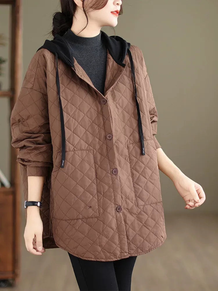 Quilted Diamond Pattern Hooded Padded Jacket with Patch Pockets