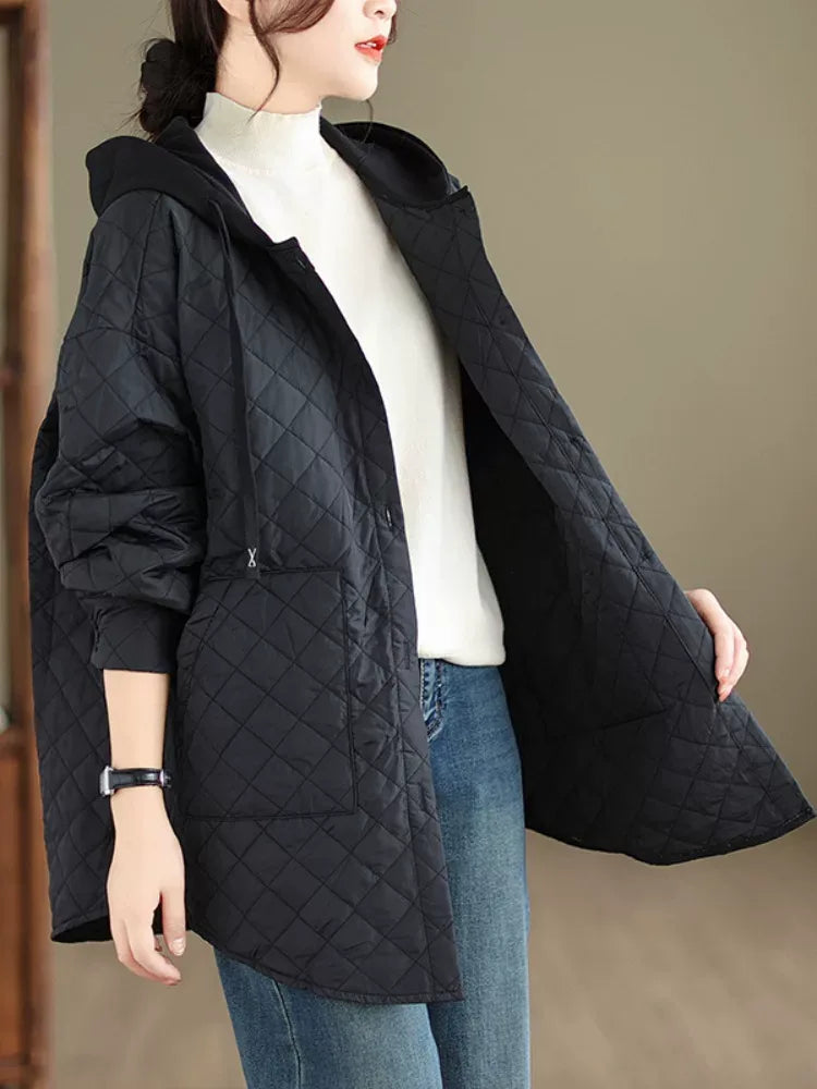 Quilted Diamond Pattern Hooded Padded Jacket with Patch Pockets