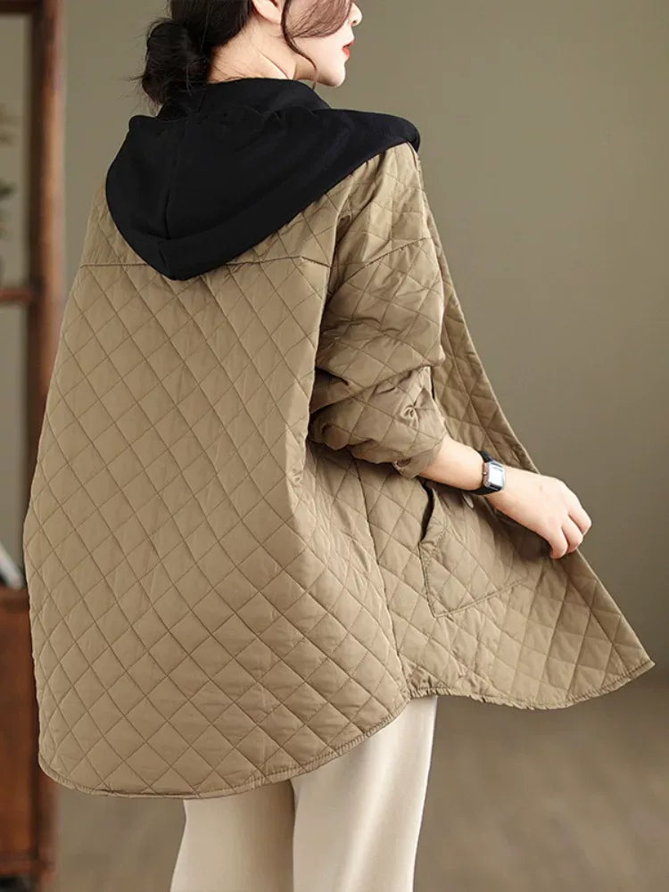 Quilted Diamond Pattern Hooded Padded Jacket with Patch Pockets