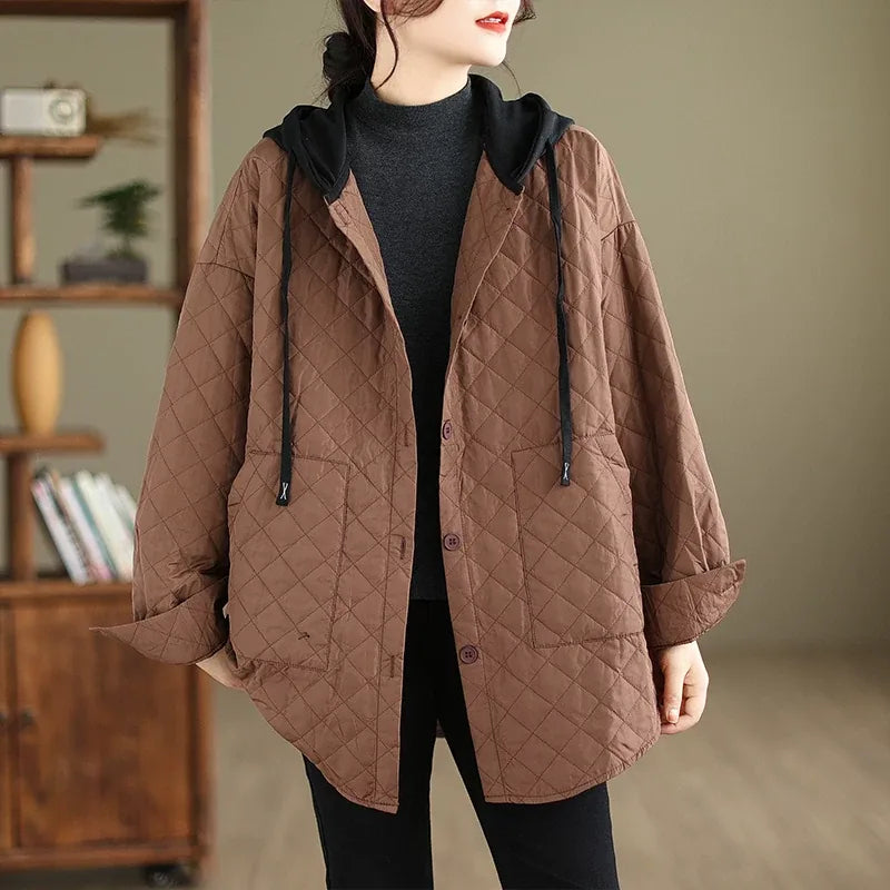 Quilted Diamond Pattern Hooded Padded Jacket with Patch Pockets