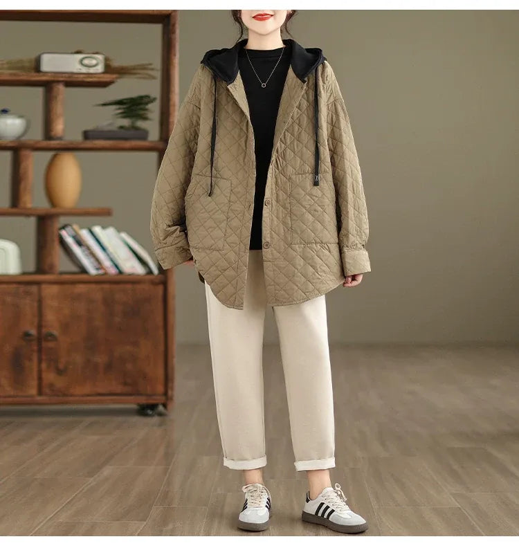 Quilted Diamond Pattern Hooded Padded Jacket with Patch Pockets