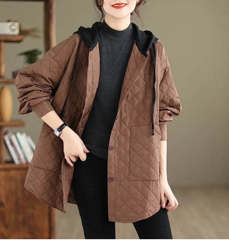 Quilted Diamond Pattern Hooded Padded Jacket with Patch Pockets