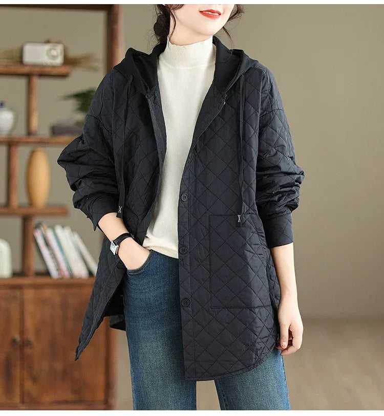 Quilted Diamond Pattern Hooded Padded Jacket with Patch Pockets
