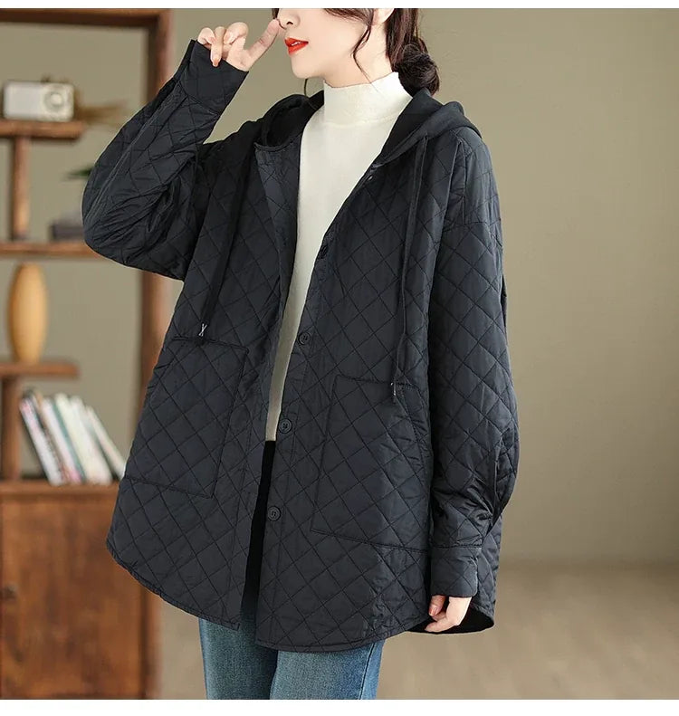 Quilted Diamond Pattern Hooded Padded Jacket with Patch Pockets