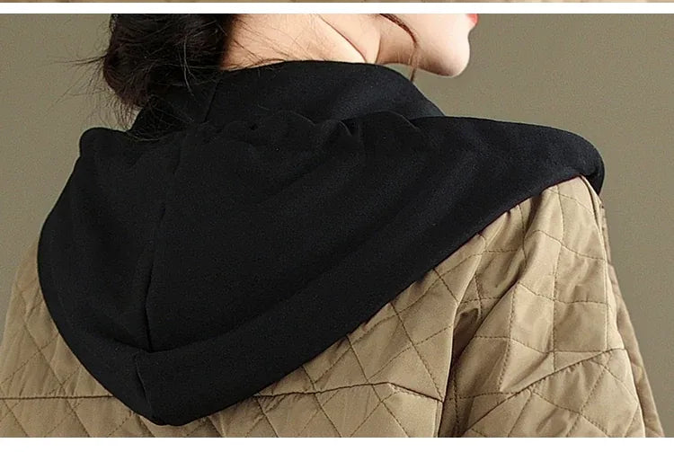 Quilted Diamond Pattern Hooded Padded Jacket with Patch Pockets