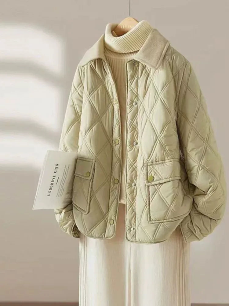 Quilted Diamond Pattern Padded Jacket with Contrast Collar