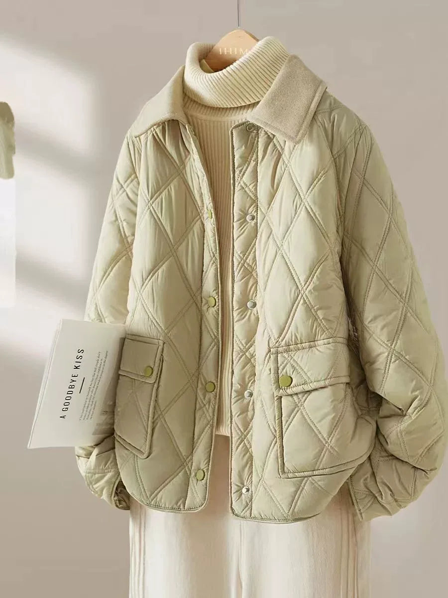 Quilted Diamond Pattern Padded Jacket with Contrast Collar