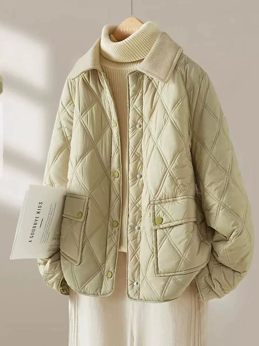 Quilted Diamond Pattern Padded Jacket with Contrast Collar