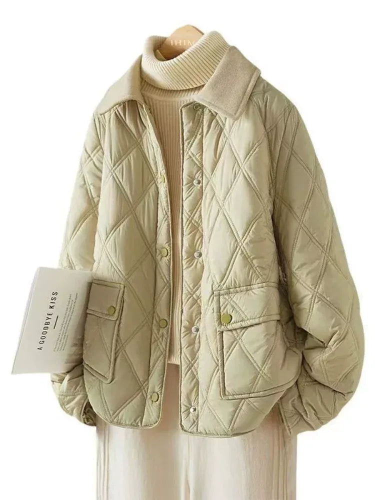 Quilted Diamond Pattern Padded Jacket with Contrast Collar