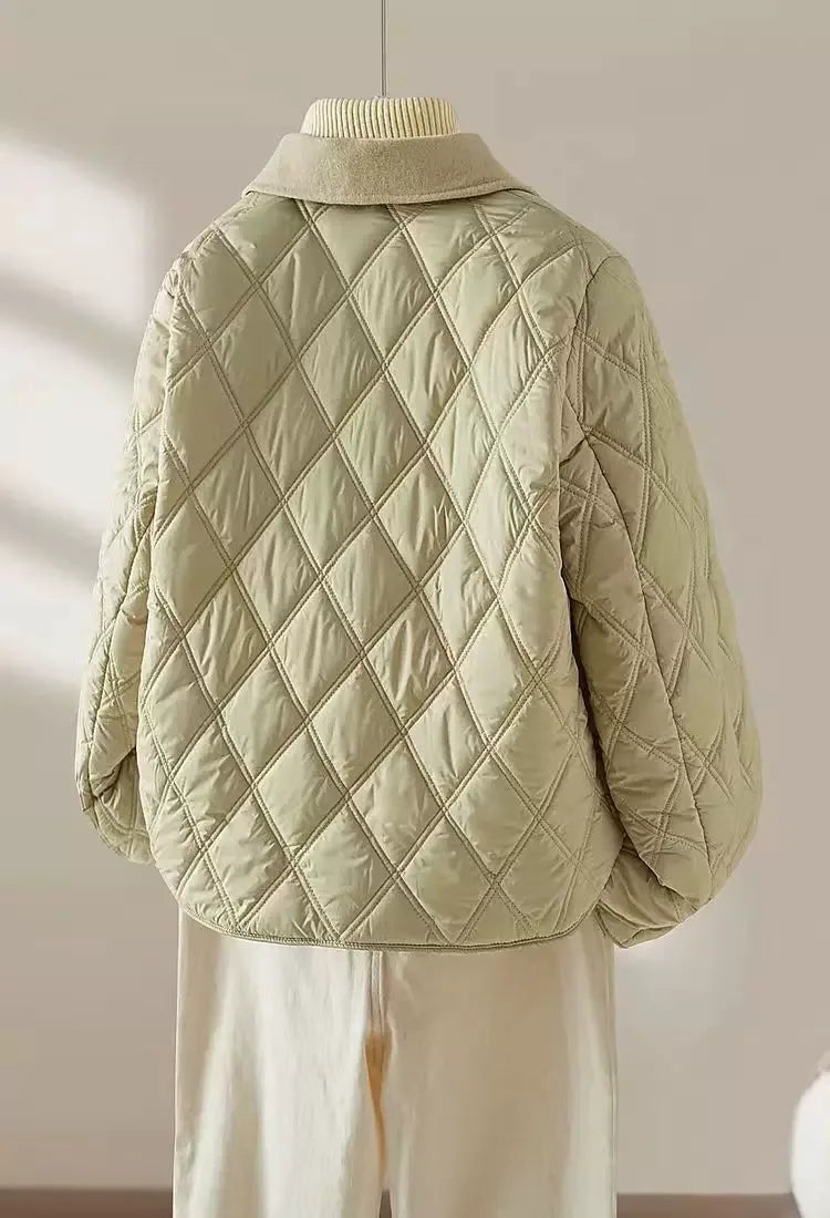 Quilted Diamond Pattern Padded Jacket with Contrast Collar