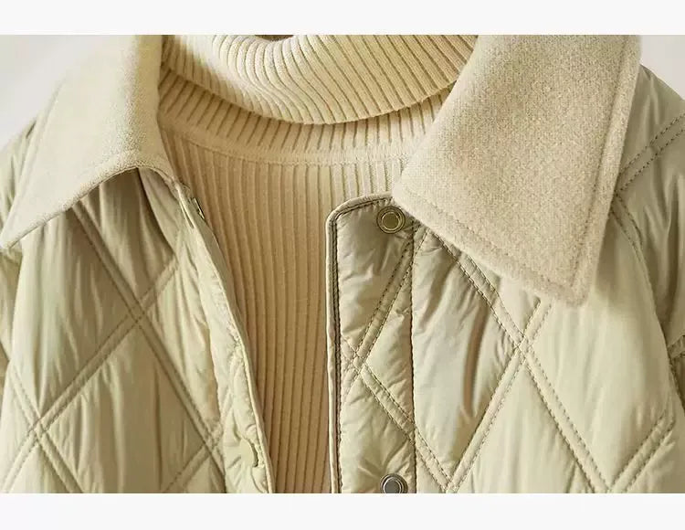 Quilted Diamond Pattern Padded Jacket with Contrast Collar