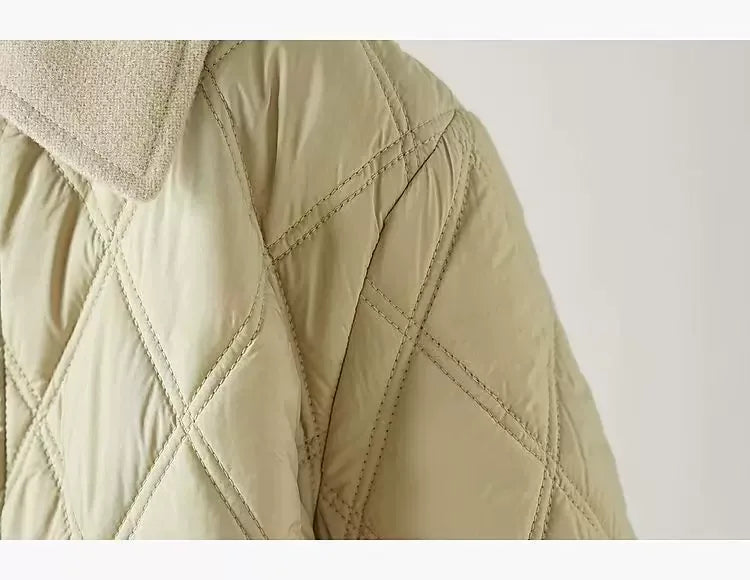 Quilted Diamond Pattern Padded Jacket with Contrast Collar