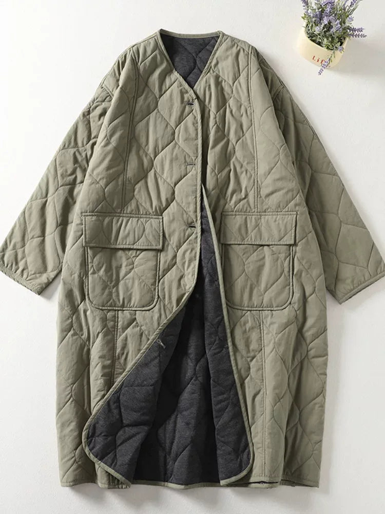 Quilted Diamond Pattern V-Neck Padded Coat