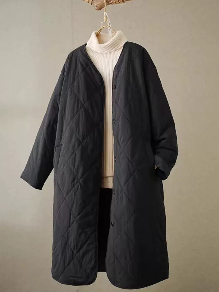 Quilted Diamond Pattern V-Neck Padded Coat