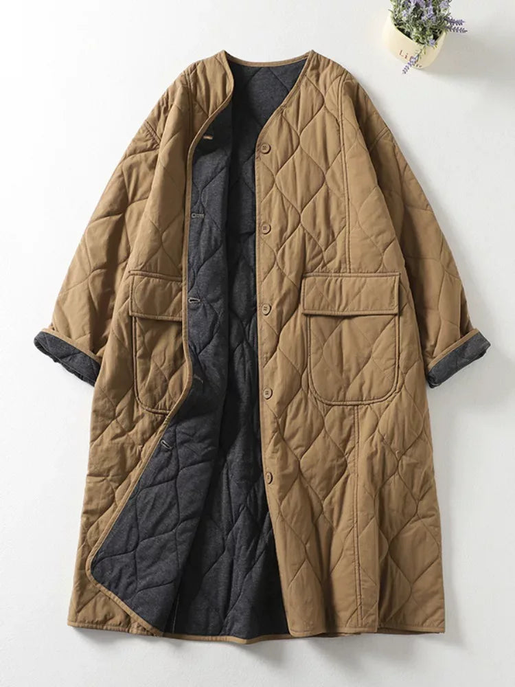 Quilted Diamond Pattern V-Neck Padded Coat