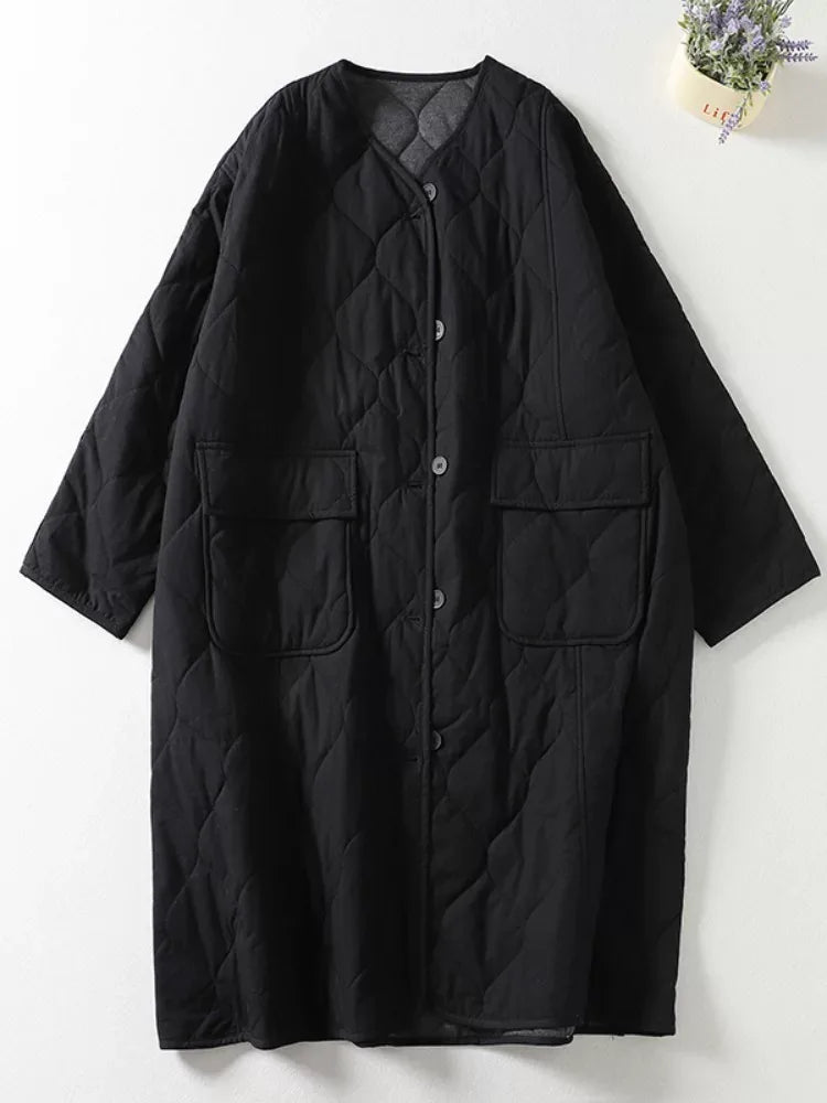 Quilted Diamond Pattern V-Neck Padded Coat