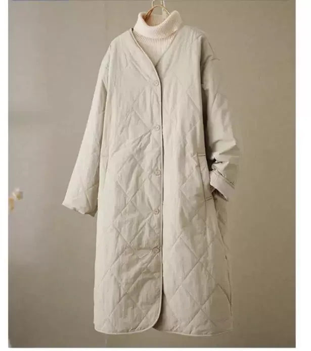 Quilted Diamond Pattern V-Neck Padded Coat