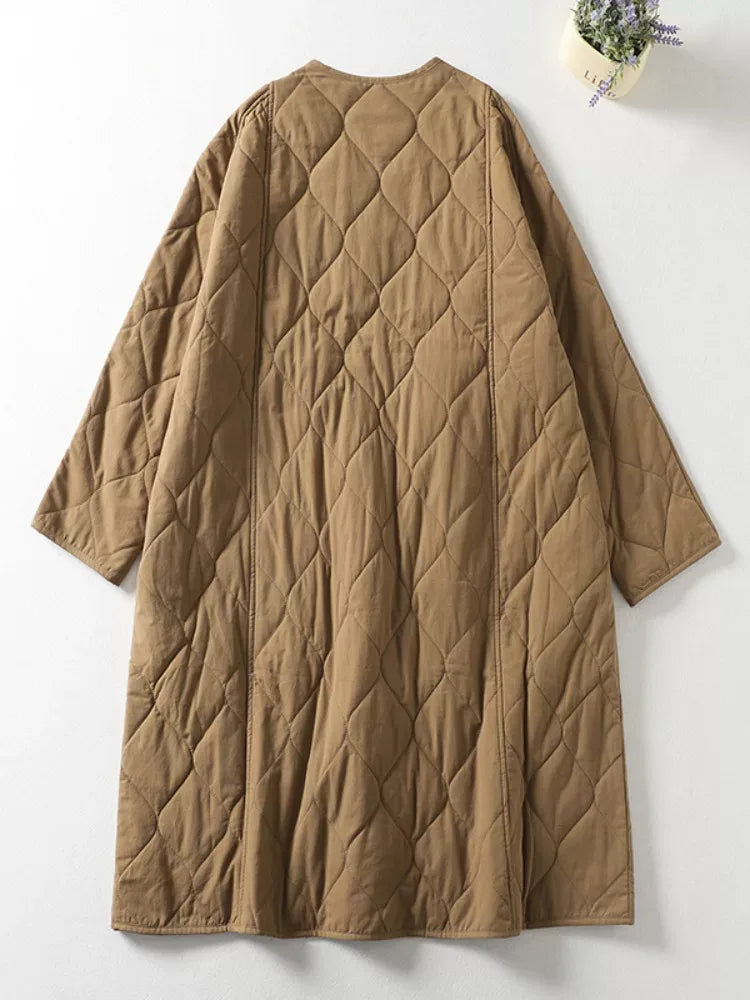 Quilted Diamond Pattern V-Neck Padded Coat