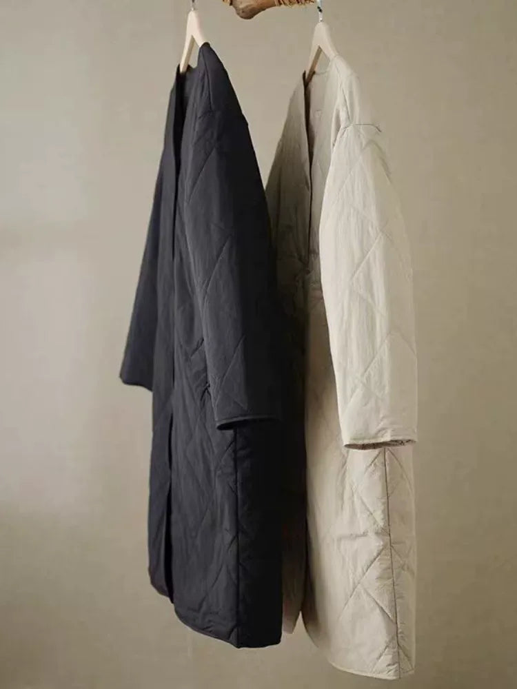 Quilted Diamond Pattern V-Neck Padded Coat