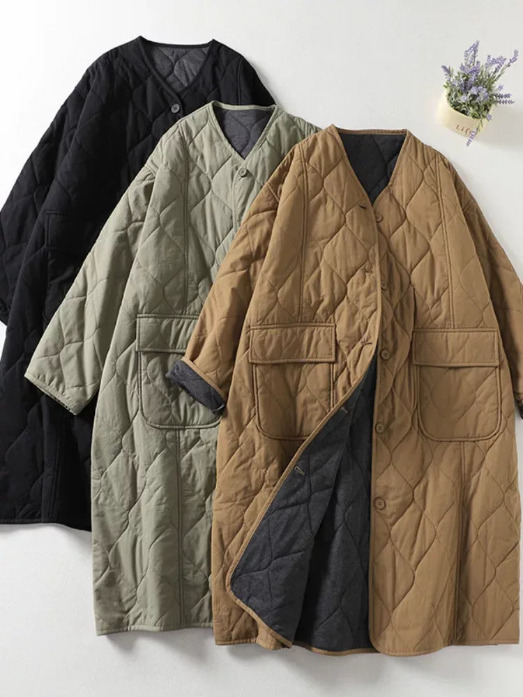 Quilted Diamond Pattern V-Neck Padded Coat