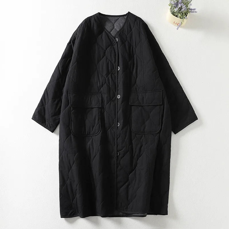 Quilted Diamond Pattern V-Neck Padded Coat