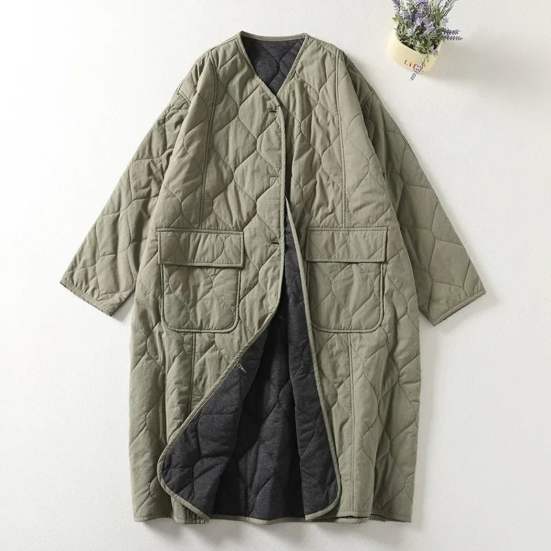 Quilted Diamond Pattern V-Neck Padded Coat