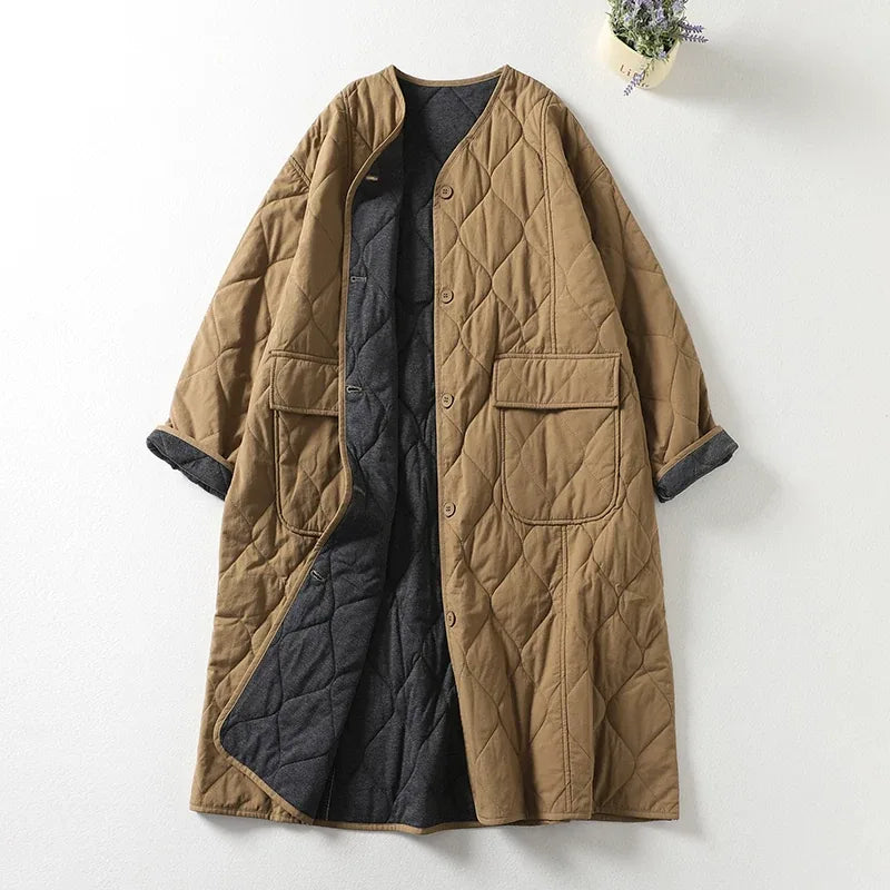 Quilted Diamond Pattern V-Neck Padded Coat