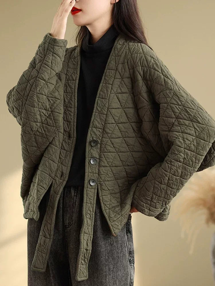Quilted Diamond Pattern V-Neck Padded Jacket with Ties