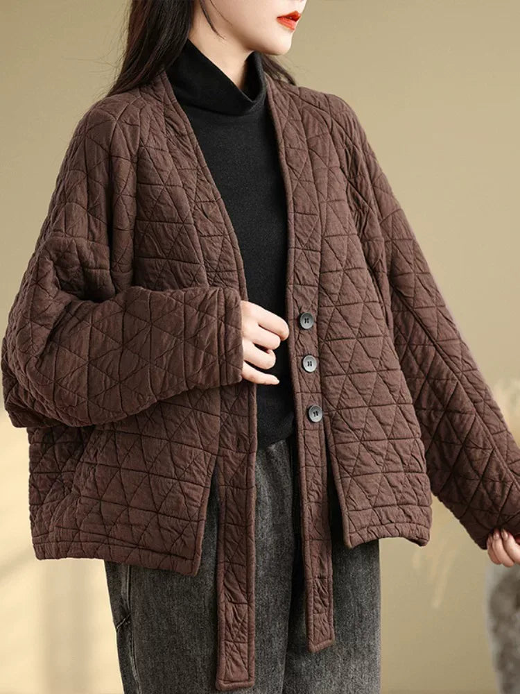 Quilted Diamond Pattern V-Neck Padded Jacket with Ties