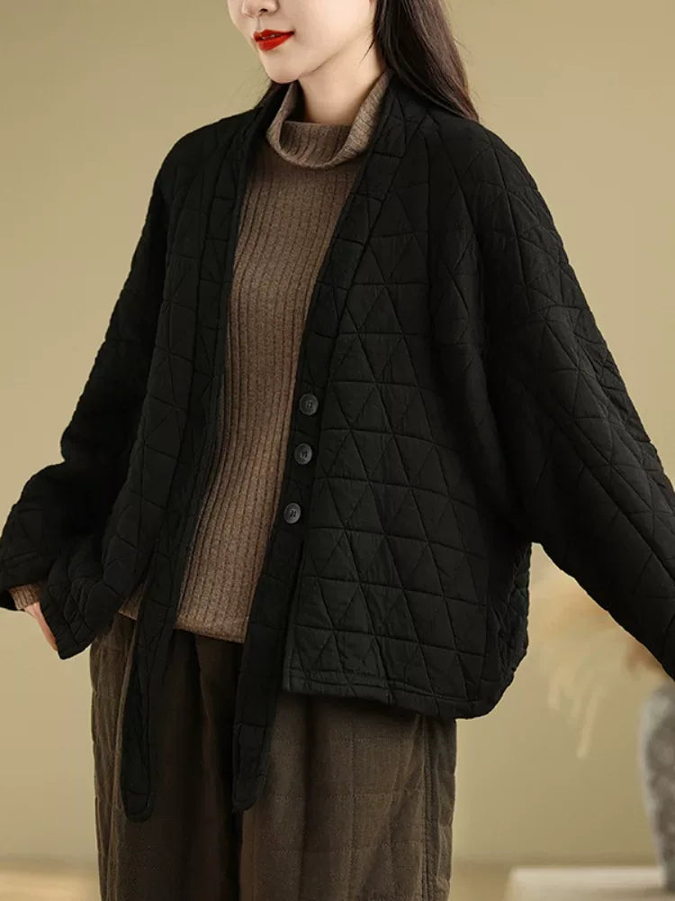 Quilted Diamond Pattern V-Neck Padded Jacket with Ties