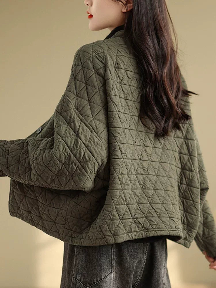 Quilted Diamond Pattern V-Neck Padded Jacket with Ties